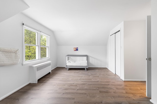 6 Cinque Dr, Farmingdale, NY 11735 - bonus room featuring radiator heating unit, wood finished floors, vaulted ceiling, and baseboards