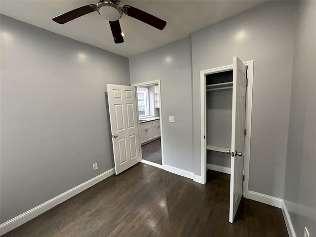 579 Van Siclen Ave, Brooklyn, NY 11207 - unfurnished bedroom with dark wood finished floors, baseboards, a closet, and ceiling fan