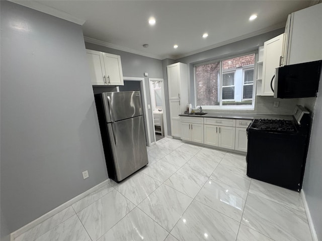 579 Van Siclen Ave, Brooklyn, NY 11207 - kitchen featuring freestanding refrigerator, black gas range oven, a sink, ornamental molding, and white cabinets