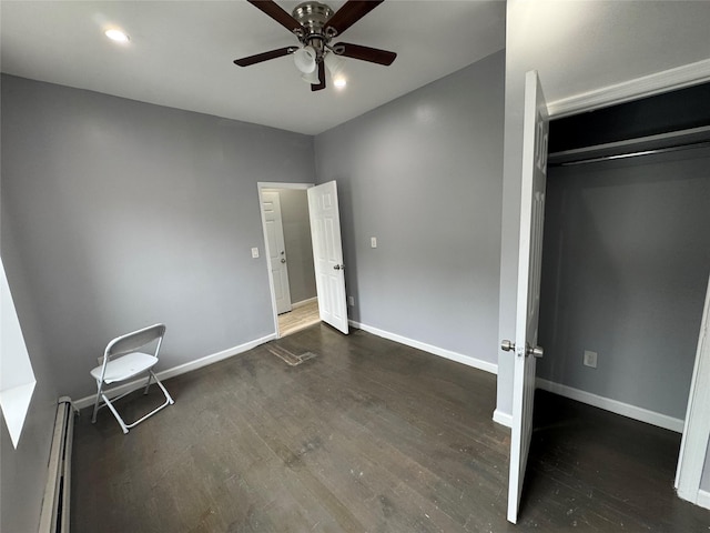 579 Van Siclen Ave, Brooklyn, NY 11207 - unfurnished bedroom with a baseboard heating unit, wood finished floors, baseboards, and recessed lighting