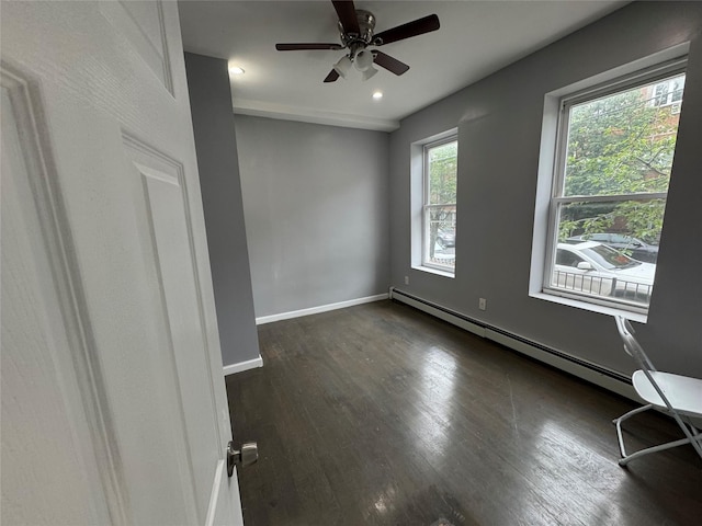 579 Van Siclen Ave, Brooklyn, NY 11207 - unfurnished room with a baseboard radiator, dark wood-style floors, ceiling fan, baseboards, and recessed lighting