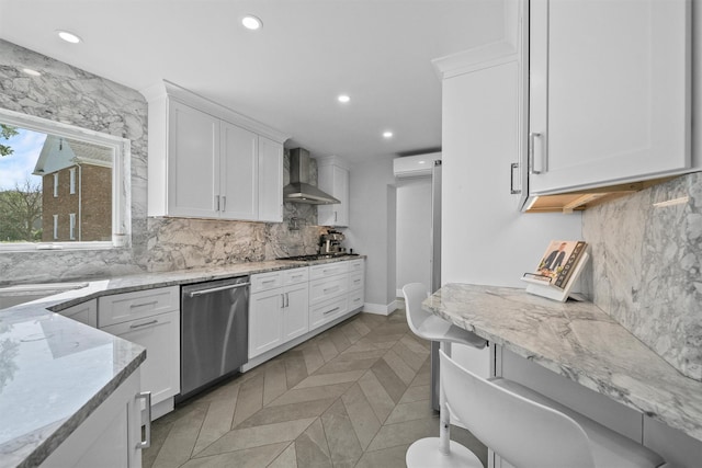 269 Hayward St, Yonkers, NY 10704 - kitchen with dishwasher, wall chimney exhaust hood, a wall unit AC, recessed lighting, and white cabinetry