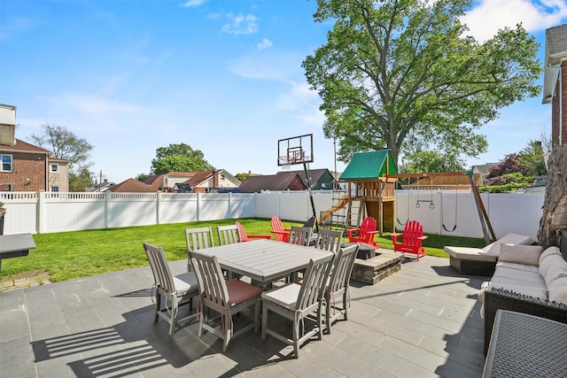 269 Hayward St, Yonkers, NY 10704 - view of patio / terrace with outdoor dining area, a playground, an outdoor hangout area, and a residential view