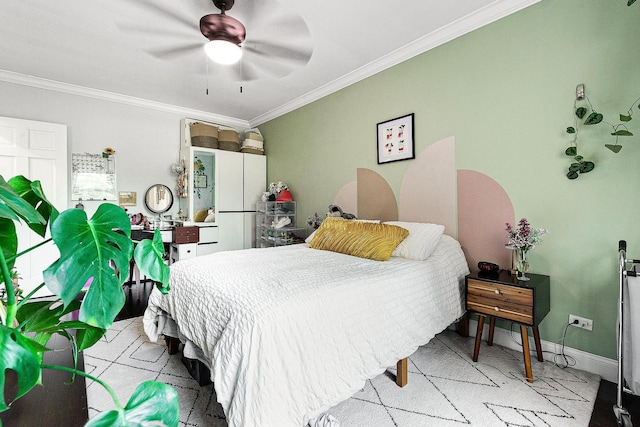 67-66 108th St Unit A32, Forest Hills, NY 11375 - bedroom featuring crown molding, a ceiling fan, tile patterned floors, and baseboards