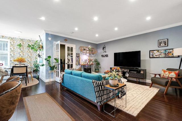 67-66 108th St Unit A32, Forest Hills, NY 11375 - living room with baseboards, crown molding, hardwood / wood-style flooring, recessed lighting, and french doors