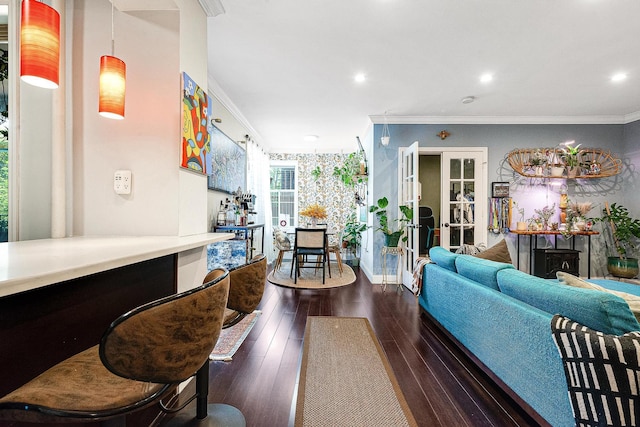 67-66 108th St Unit A32, Forest Hills, NY 11375 - living room with crown molding, hardwood / wood-style floors, recessed lighting, and french doors