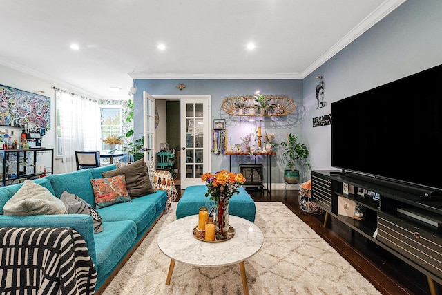 67-66 108th St Unit A32, Forest Hills, NY 11375 - living room with crown molding, wood finished floors, french doors, recessed lighting, and baseboards