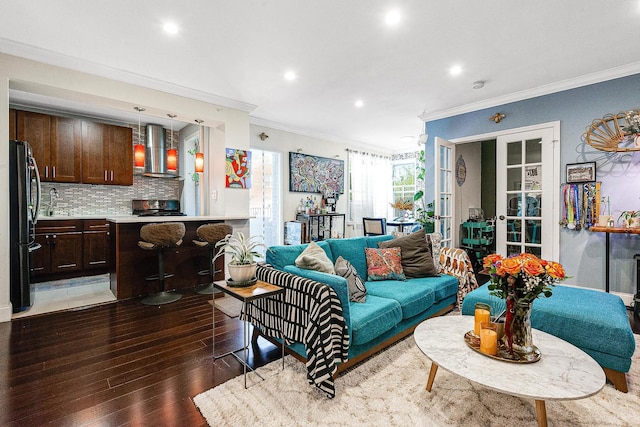 67-66 108th St Unit A32, Forest Hills, NY 11375 - living area featuring ornamental molding, hardwood / wood-style floors, recessed lighting, and french doors