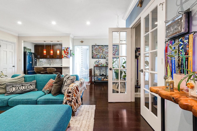 67-66 108th St Unit A32, Forest Hills, NY 11375 - living room with crown molding, french doors, wood finished floors, and recessed lighting