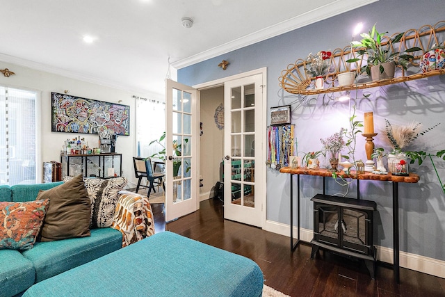 67-66 108th St Unit A32, Forest Hills, NY 11375 - bedroom featuring french doors, ornamental molding, wood finished floors, baseboards, and a wood stove