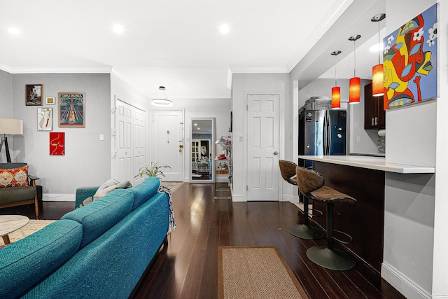 67-66 108th St Unit A32, Forest Hills, NY 11375 - living room featuring dark wood-style flooring, baseboards, ornamental molding, and recessed lighting
