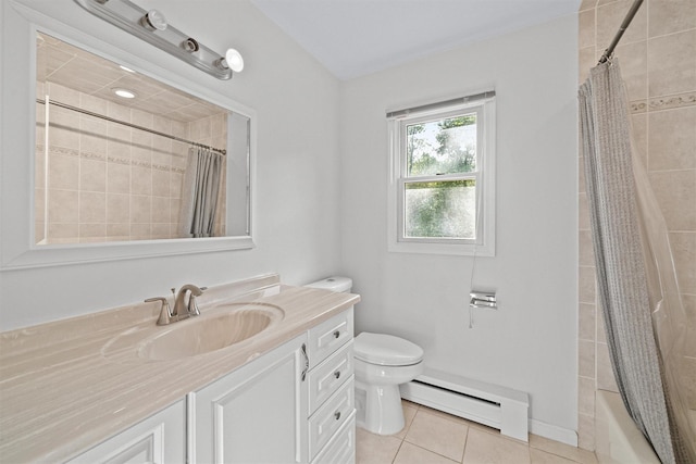 32 Wilder Rd, Monsey, NY 10952 - bathroom with baseboard heating, vanity, toilet, tile patterned floors, and shower / tub combo