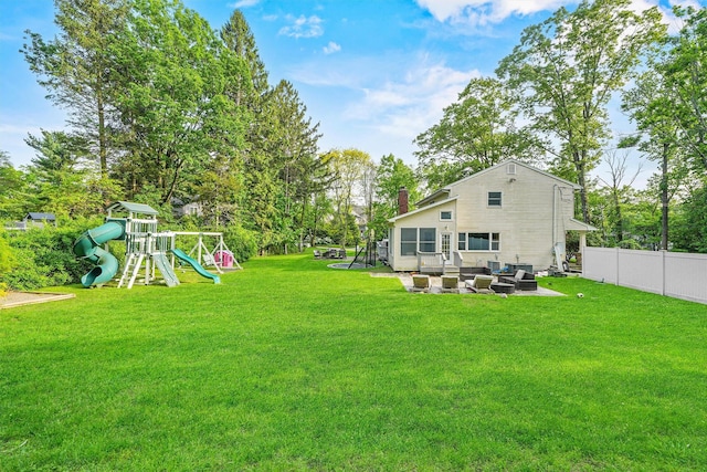 32 Wilder Rd, Monsey, NY 10952 - view of yard featuring outdoor lounge area, a playground, view of scattered trees, and a patio
