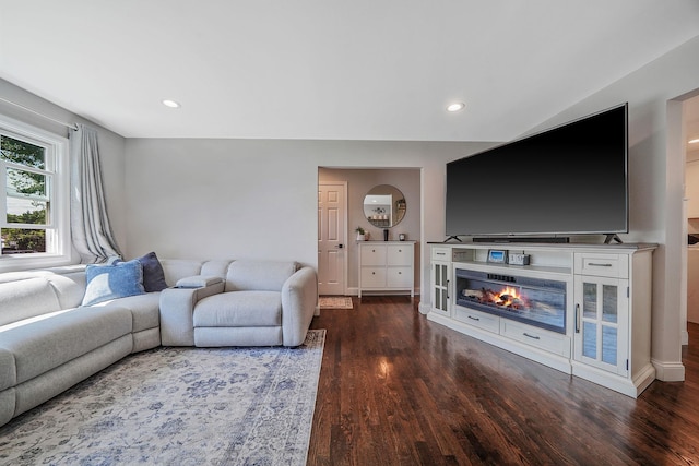 living room featuring wood finished floors, recessed lighting, and a glass covered fireplace