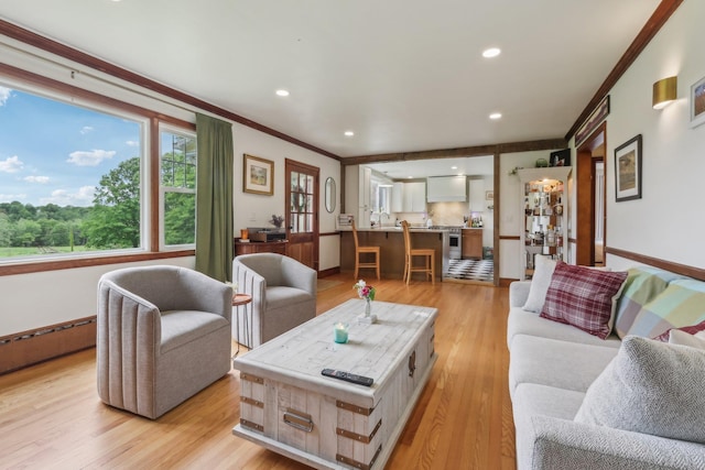 275 Otterkill Rd, Cornwall, NY 12553 - living room with light wood-type flooring, ornamental molding, baseboards, baseboard heating, and recessed lighting
