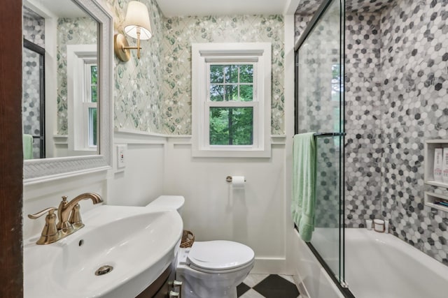 275 Otterkill Rd, Cornwall, NY 12553 - bathroom with toilet, shower / bath combination with glass door, wallpapered walls, vanity, and a wainscoted wall