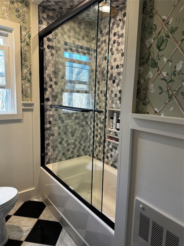 275 Otterkill Rd, Cornwall, NY 12553 - bathroom featuring bath / shower combo with glass door, toilet, and wallpapered walls