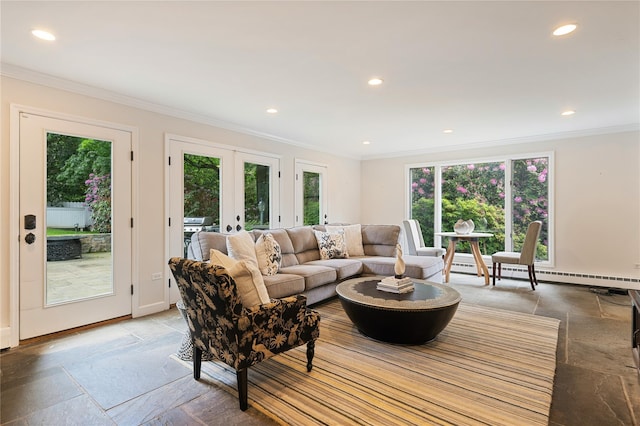 50 Kerry Ln, Chappaqua, NY 10514 - living area with healthy amount of natural light, ornamental molding, stone tile flooring, french doors, and recessed lighting