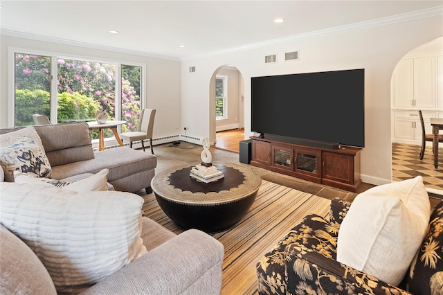 50 Kerry Ln, Chappaqua, NY 10514 - living area featuring arched walkways, crown molding, baseboards, and recessed lighting