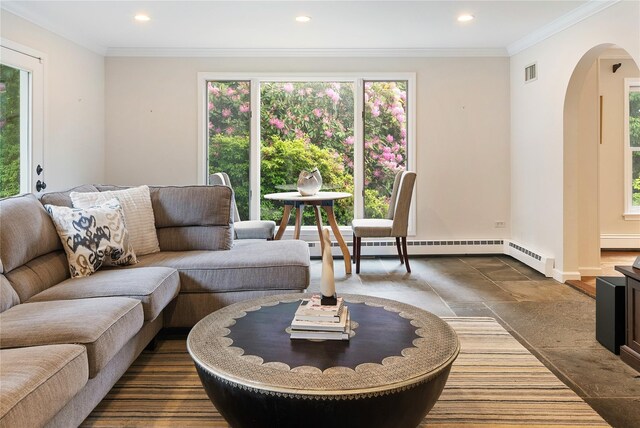 50 Kerry Ln, Chappaqua, NY 10514 - living area with arched walkways, stone tile flooring, plenty of natural light, recessed lighting, and baseboards
