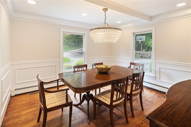 50 Kerry Ln, Chappaqua, NY 10514 - dining space with a baseboard heating unit, healthy amount of natural light, a decorative wall, a chandelier, and wood finished floors