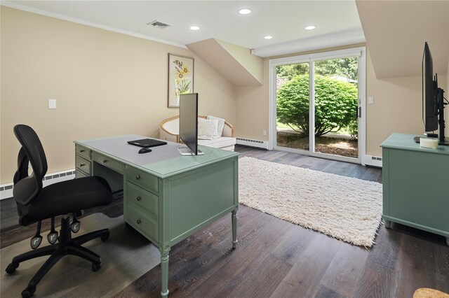 50 Kerry Ln, Chappaqua, NY 10514 - office space featuring a baseboard heating unit, dark wood-style flooring, recessed lighting, crown molding, and baseboards