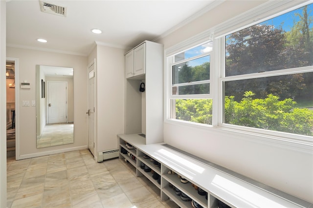 50 Kerry Ln, Chappaqua, NY 10514 - mudroom with a baseboard heating unit, plenty of natural light, crown molding, and recessed lighting