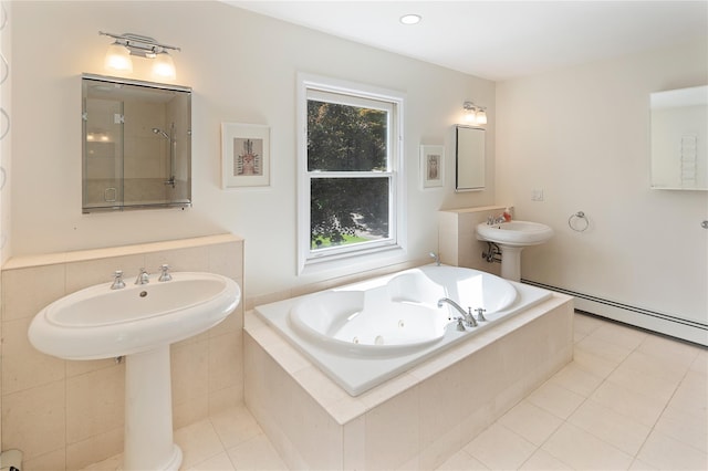 50 Kerry Ln, Chappaqua, NY 10514 - full bath with a whirlpool tub, tile patterned floors, a shower, and baseboard heating