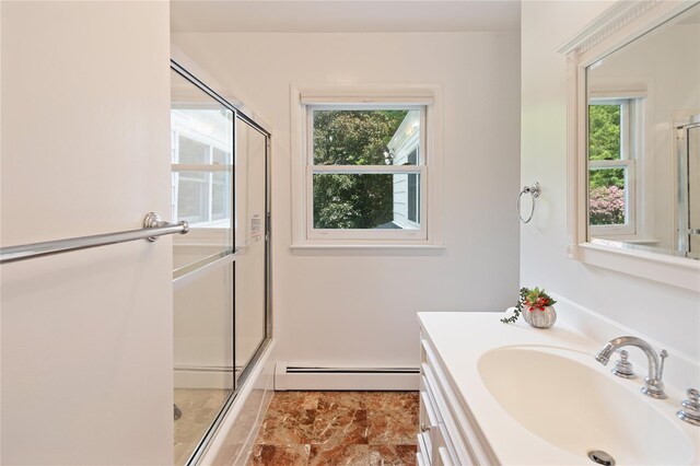 50 Kerry Ln, Chappaqua, NY 10514 - full bath featuring a baseboard radiator, a shower with door, and vanity