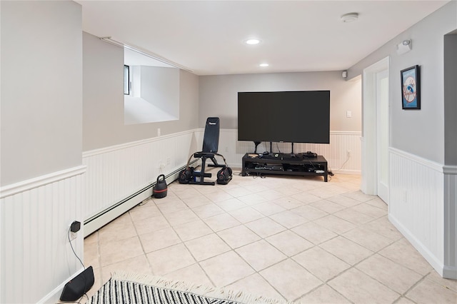 50 Kerry Ln, Chappaqua, NY 10514 - exercise room featuring wainscoting, light tile patterned floors, and recessed lighting