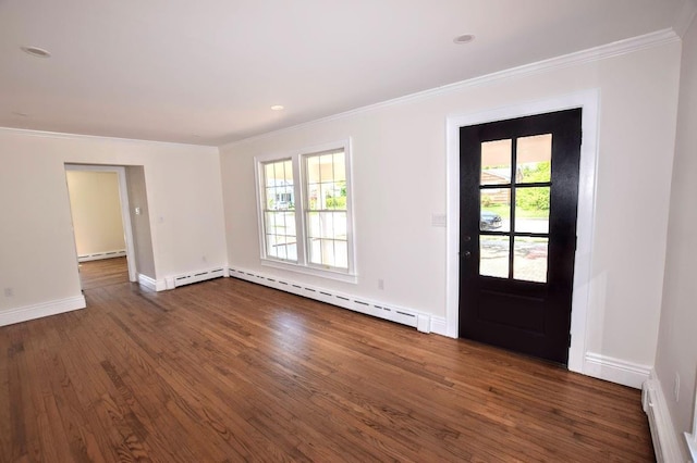 9 Circuit Rd, Bellport Village, NY 11713 - foyer entrance with ornamental molding, baseboard heating, dark wood-style flooring, and baseboards