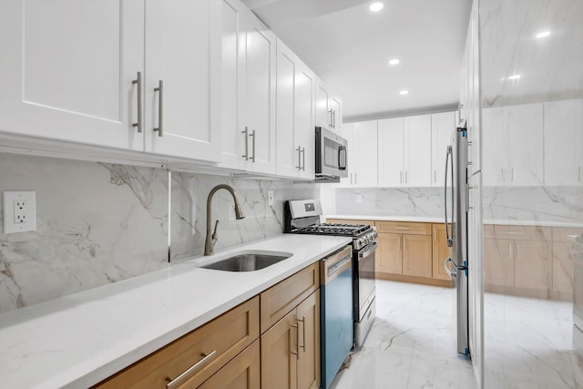 99-52 66th Rd Unit 3G, Rego Park, NY 11374 - kitchen featuring appliances with stainless steel finishes, light marble finish floors, recessed lighting, decorative backsplash, and light stone countertops
