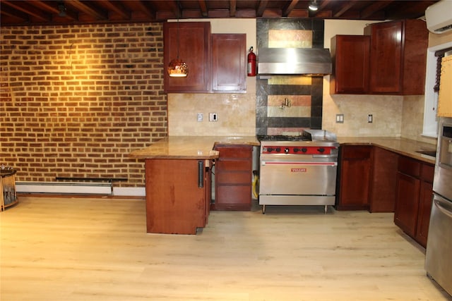 1234East37thStreet E, Brooklyn, NY 11210 - kitchen featuring stainless steel stove, baseboard heating, wall chimney range hood, light wood-style floors, and an AC wall unit