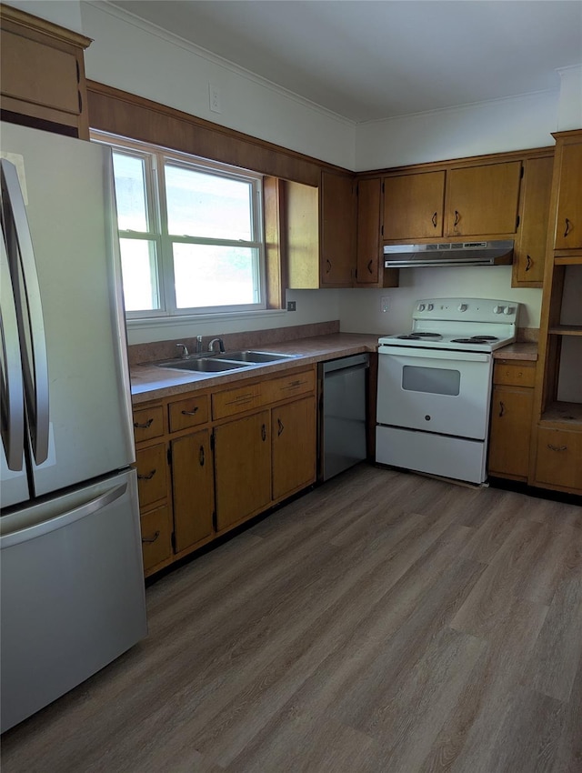 118 Mac Farlane Rd, Wappingers Falls, NY 12590 - kitchen featuring stainless steel appliances, under cabinet range hood, a sink, light wood finished floors, and light countertops