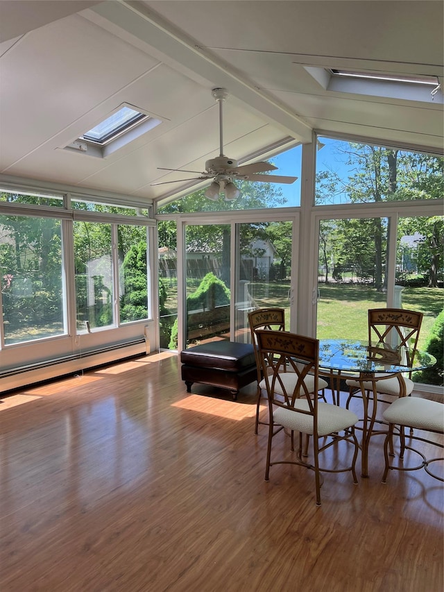 662 Gillette Ave, Bayport, NY 11705 - sunroom with a skylight, expansive windows, wood finished floors, lofted ceiling, and a baseboard heating unit