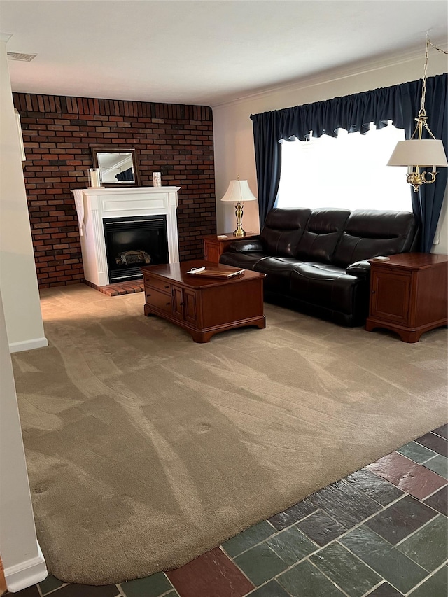 662 Gillette Ave, Bayport, NY 11705 - living area featuring carpet and a fireplace with raised hearth
