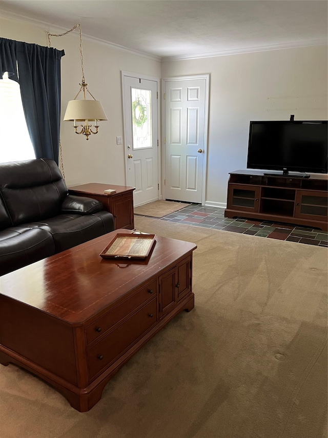 662 Gillette Ave, Bayport, NY 11705 - living area with ornamental molding, carpet, and baseboards