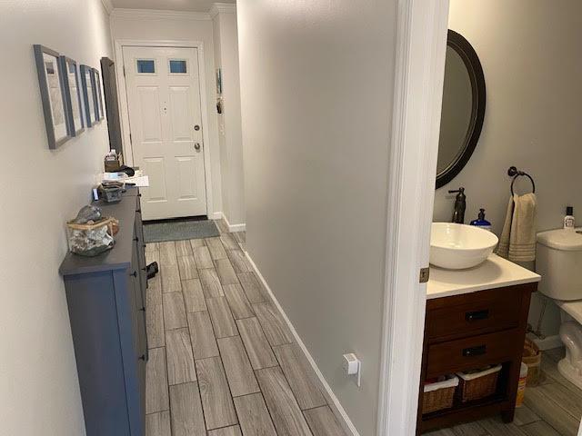 350 N Water St Unit 1-7, Newburgh, NY 12550 - hall with a sink, wood finished floors, baseboards, and crown molding