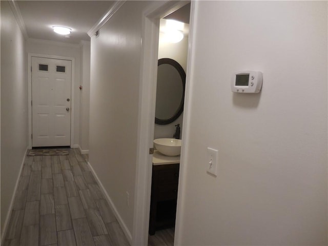350 N Water St Unit 1-7, Newburgh, NY 12550 - hall featuring a sink, ornamental molding, dark wood-type flooring, and baseboards