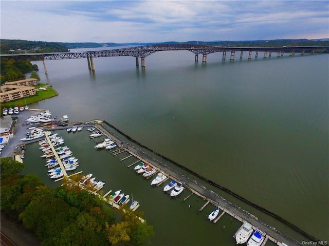 350 N Water St Unit 1-7, Newburgh, NY 12550 - drone / aerial view of a large body of water, a notable bridge, and numerous boat docks