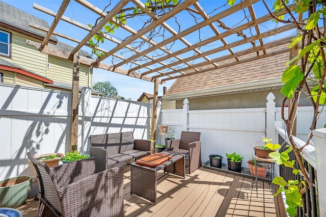 20-29 150th St, Whitestone, NY 11357 - wooden deck featuring a pergola, a fenced backyard, and outdoor lounge area