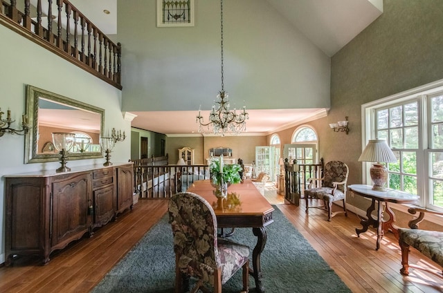 189 Freedom Rd, Pleasant Valley, NY 12569 - dining room with high vaulted ceiling, wood-type flooring, and a chandelier