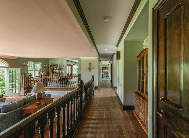 189 Freedom Rd, Pleasant Valley, NY 12569 - corridor featuring crown molding, dark wood-style floors, a chandelier, and baseboards