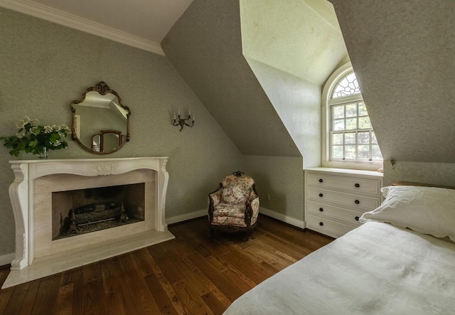 189 Freedom Rd, Pleasant Valley, NY 12569 - bedroom featuring hardwood / wood-style flooring, lofted ceiling, ornamental molding, baseboards, and a premium fireplace
