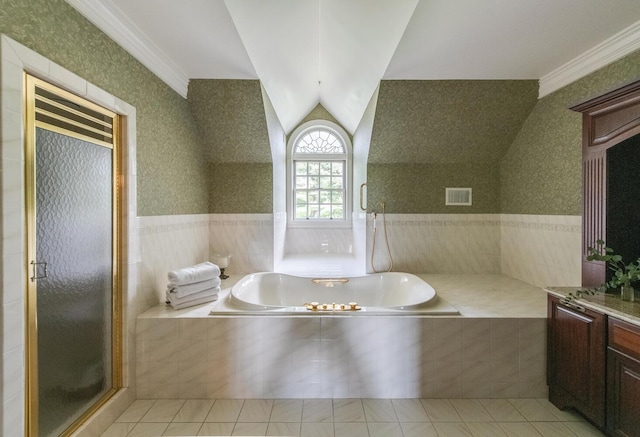 189 Freedom Rd, Pleasant Valley, NY 12569 - full bathroom with vanity, a garden tub, tile patterned flooring, wallpapered walls, and a shower stall