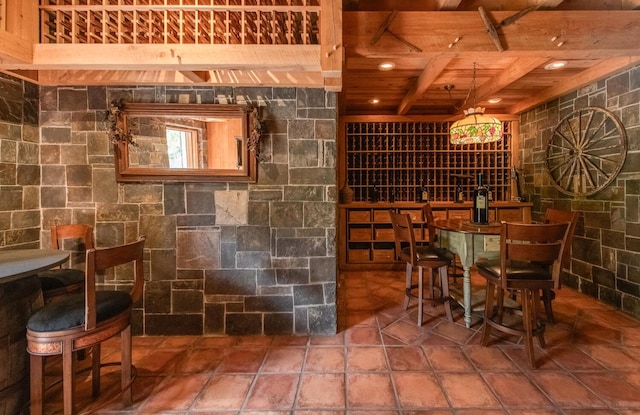 189 Freedom Rd, Pleasant Valley, NY 12569 - wine cellar with wood ceiling with exposed beams, recessed lighting, and tile patterned flooring