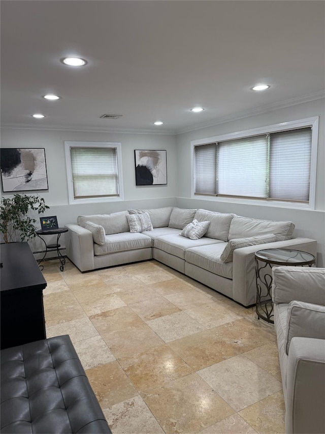 15 Spruce Ct, Nanuet, NY 10954 - living area with ornamental molding, recessed lighting, and stone tile flooring