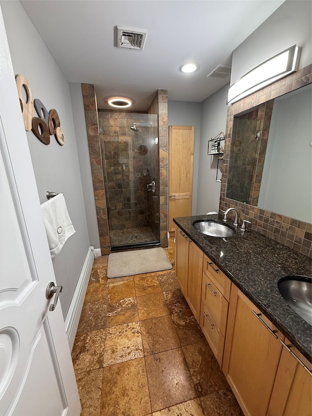 15 Spruce Ct, Nanuet, NY 10954 - full bath featuring a stall shower, stone tile floors, double vanity, baseboards, and a baseboard heating unit
