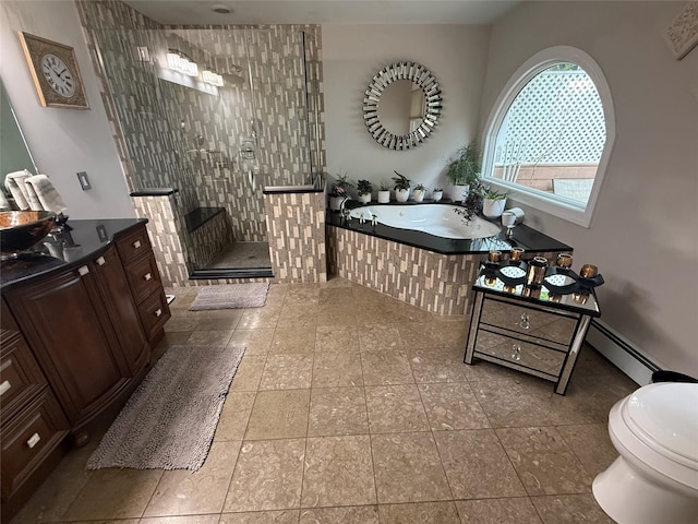 15 Spruce Ct, Nanuet, NY 10954 - bathroom with a bath, tiled shower, vanity, tile patterned floors, and toilet