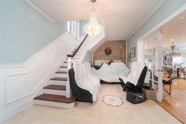 3225 155th St, Flushing, NY 11354 - staircase with a chandelier, ornamental molding, and tile patterned floors